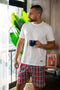 Men summer pajama set White T-shirt + Red X Dark Blue Checkered Short